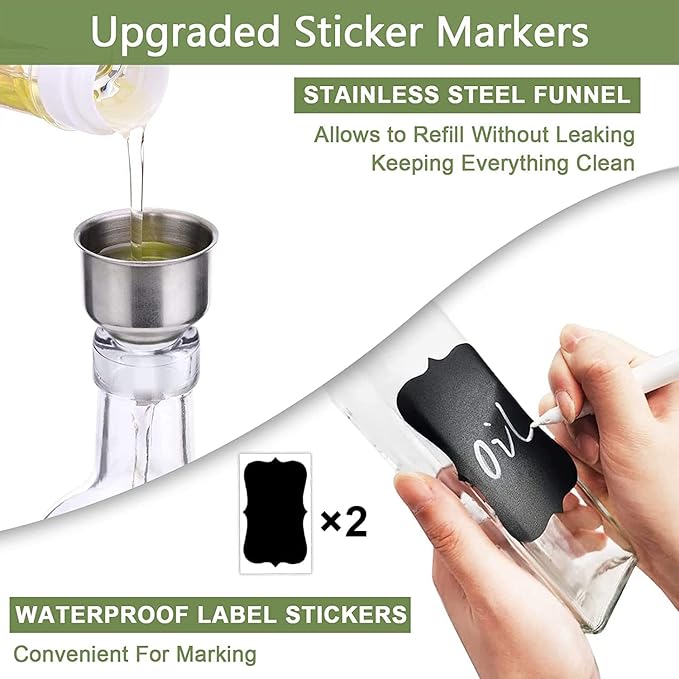 Olive Oil Dispenser Bottle, 1 Pcs Glass Olive Oil Dispenser and Vinegar Dispenser Set with 2 Stainless Steel Pourers, 2 Labels,1 Brush and 1 Funnel Oil Bottles for Kitchen (500ml)