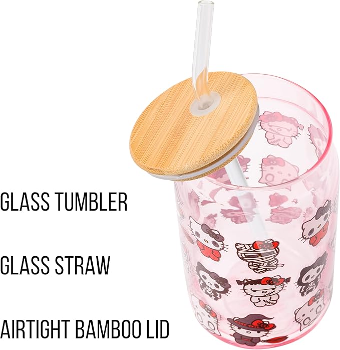 Silver Buffalo Sanrio Hello Kitty and Friends Halloween Spooky Costumes Ghost Witch Vampire Zombie Frankenstein Skeleton Pink Glass Jar Tumbler with Bamboo Lid and Glass Straw, 16 Ounces (Pack of 12)