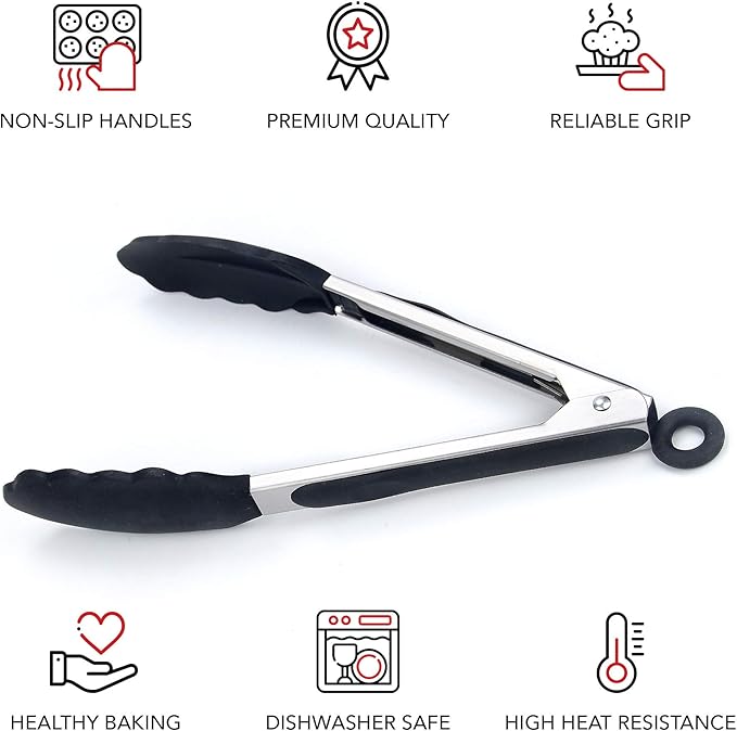 Kitchen Tongs for Cooking with Silicone Tips by Boxiki Kitchen, BPA Free Stainless Steel set of 2 Silicone Tongs for Cooking, Grilling & Toss a Salad, Heat Resistant Grill Tongs for Serving Food.