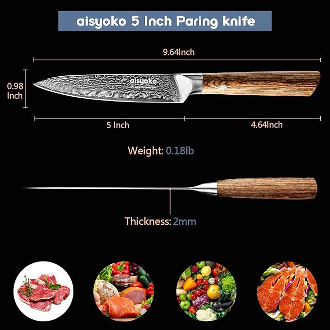5-Inch Paring Knife - Japanese VG-10 Super Steel 67-Layer Damascus Blade - Fruit Utility Knife for Carving & Peeling - Luxury Gift Box with Color Wooden Handle - Includes Scabbard