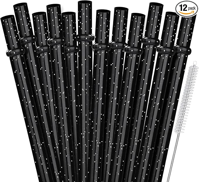 ALINK 12PCS Reusable Black Glitter Straws, 11" Long Hard Plastic Tumbler Drinking Straws for 16 OZ 20 OZ 30 OZ Stanley, YETI, Mason Jar, Starbucks Tumblers with Cleaning Brush