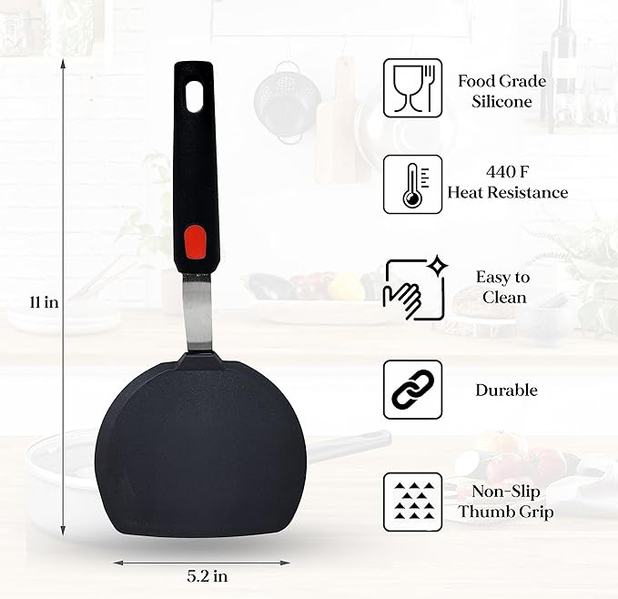 Silicone Pancake Spatula Flipper – Wide Beveled Edge Turner with Stainless Steel Handle | Heat Resistant Non-Stick Large Silicone Spatula for Cooking & Pancakes