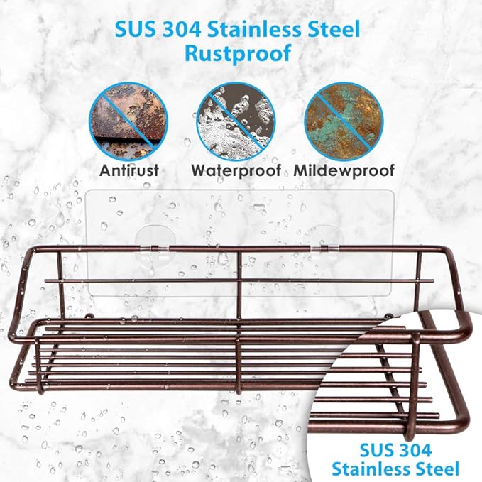 Nieifi Shower Caddy Shelf with Hooks Storage Rack Organizer Adhesive Stainless Steel without Drilling for Bathroom, Lavatory, Washroom, Restroom, Shower, Toilet, Kitchen (Brown, 3 Pack)