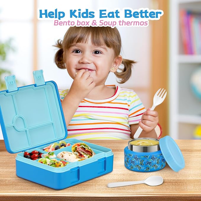 Bento Lunch Box Kids and 9oz Soup Thermos – 5.5-Cup Leakproof Kids Bento Box with Ice Pack & 9oz Insulated Food Jar – Hot & Cold Food Lunch Container for Boy Girl School, Blue Set