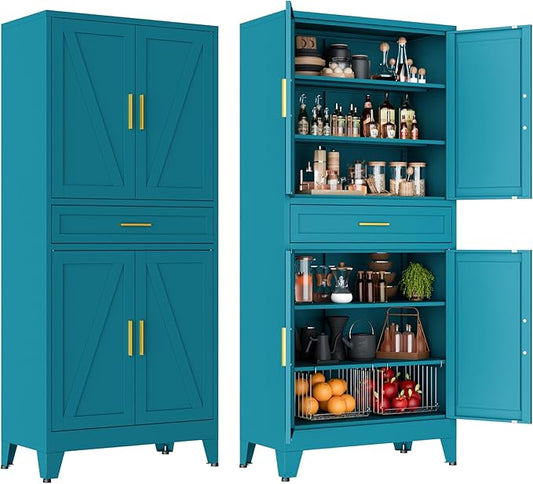 71" Tall Pantry Storage Cabinet with Drawer and Adjustable Shelves, Freestanding Tall White Kitchen Cupboard Storage Cabinet for Kitchen,Dining Room, Living Room, Blue