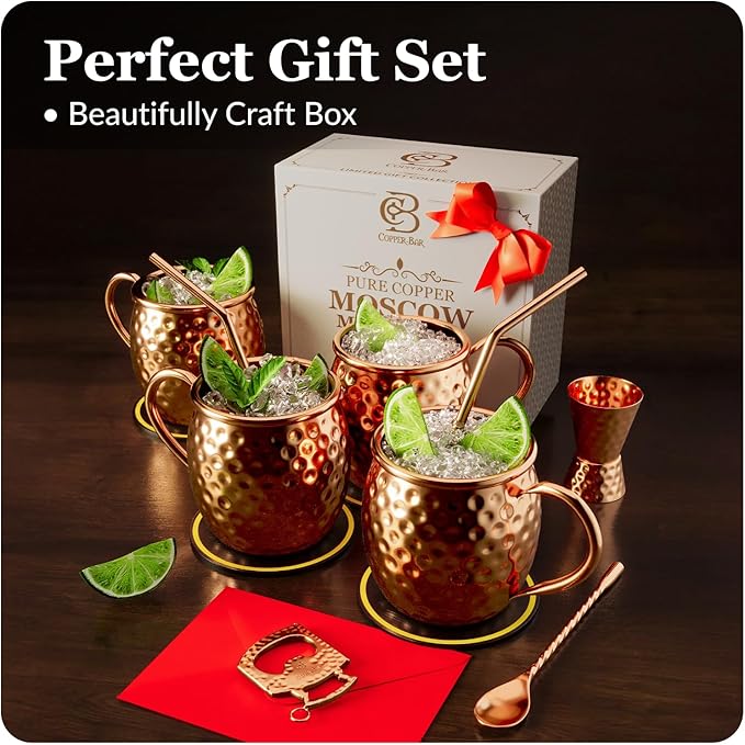 Moscow Mule Copper Mugs - Unique HANDCREFTED Gift Set of 4, Hammered by Artisan, 100% Pure Solid Copper Cups 16oz for Drinking Water & Cocktails, Include 18 Pcs accessories & Special Opener