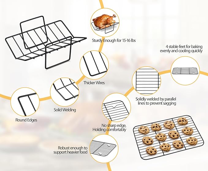 TeamFar Roasting Pan, 14” Nonstick Deep Lasagna Brownie Turkey Pan with V-Shaped Rack & Cooling Rack, with Stainless Steel Core & Nonstick Coating, Healthy & Heavy Duty, Easy to Clean, Set of 3