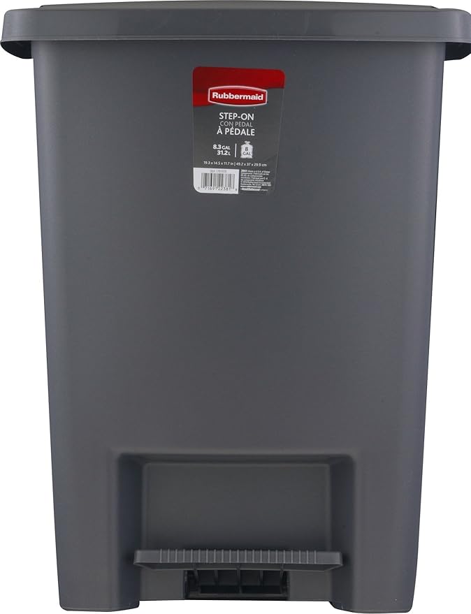 Rubbermaid Step-On Trash Can with Lid, 8.25-Gallon, Gray, Easy Clean Wastebasket for Home/Kitchen/Bedroom/Office