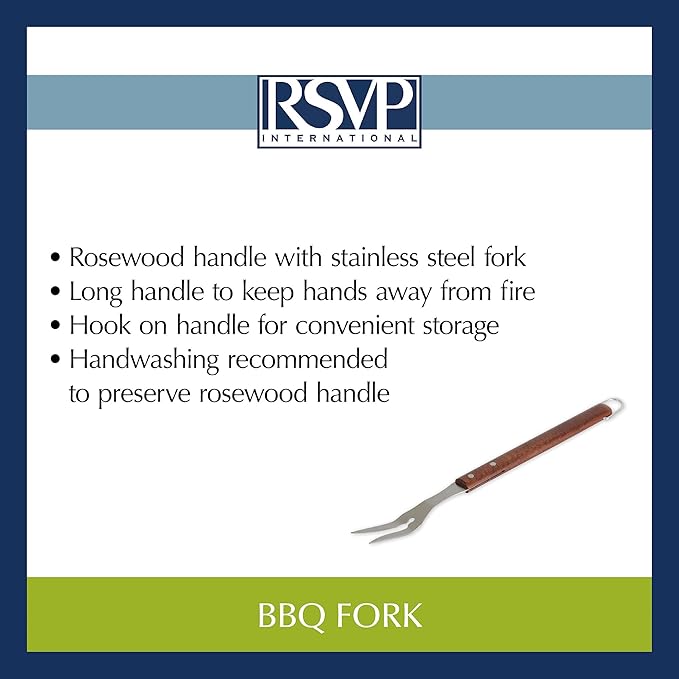 RSVP International Endurance (BQ-FRK) BBQ Grill Fork, 17.25" | Long Handle Keeps Hands Safe from Fire | Made from Stainless Steel & Rosewood