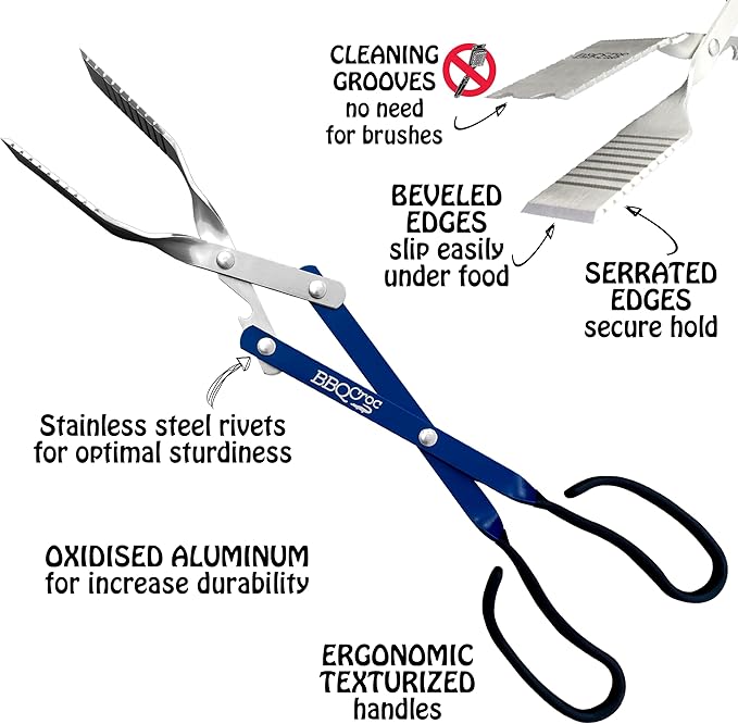 BBQCroc 3 in 1 Barbecue Tool 18-inch - Light and Long Tongs, Spatula and Grill Scraper (Blue) (18 inch Without Flashlight)