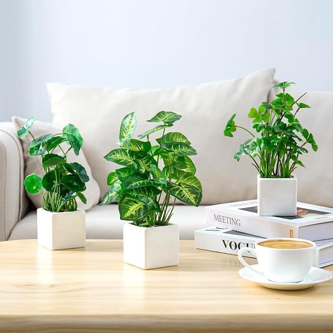 MyGift Set of 3 Artificial Plants, Faux Potted Plants Indoor, Small Fake House - Image 2