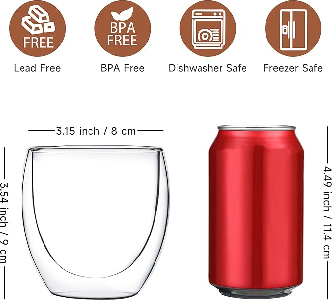 CNGLASS Double Wall Glass Espresso Cups 8.5oz,Insulated Clear Coffee Cup Set of 4