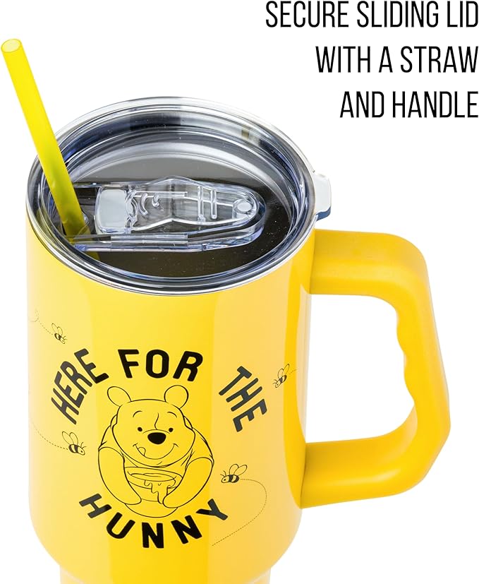 Silver Buffalo Disney Winnie the Pooh Here for the Hunny Stainless Steel Tumbler with Handle and Straw, Fits in Standard Cup Holder, 40 Ounces