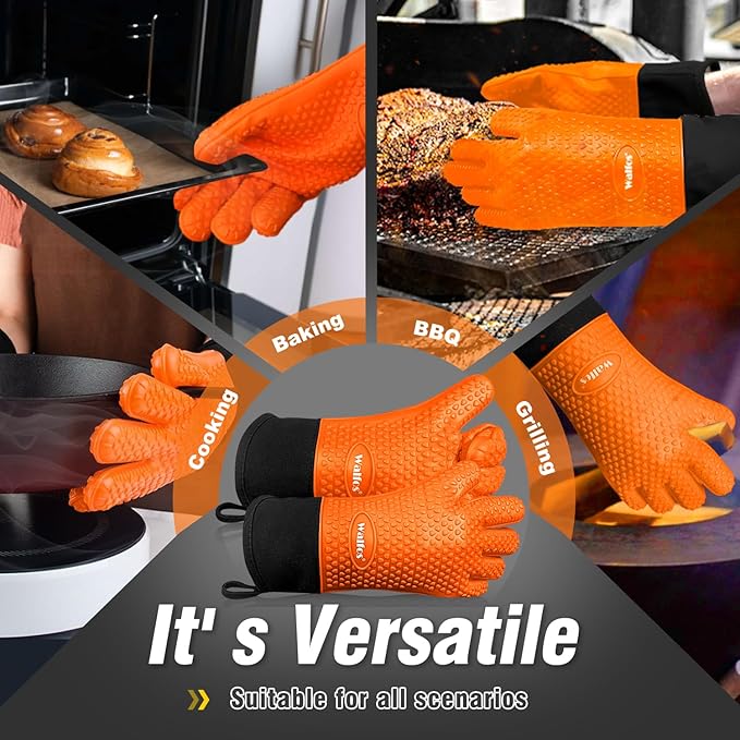 Walfos Silicone BBQ Gloves - Heat Resistant Grilling Gloves, Premium Non-Slip Kitchen Oven Mitt with Protective Cotton Layer Inside, Waterproof, Great for Grilling, Kitchen and Cooking, Orange