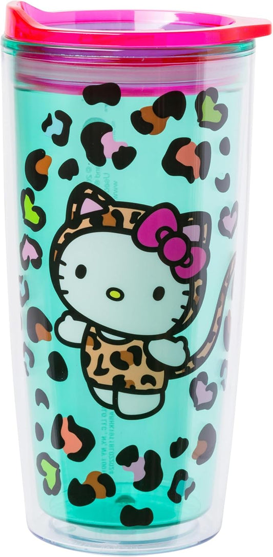 Silver Buffalo Sanrio Hello Kitty Leopard Print Double Wall Travel Tumbler with Slide Close Lid, 20 Ounces
