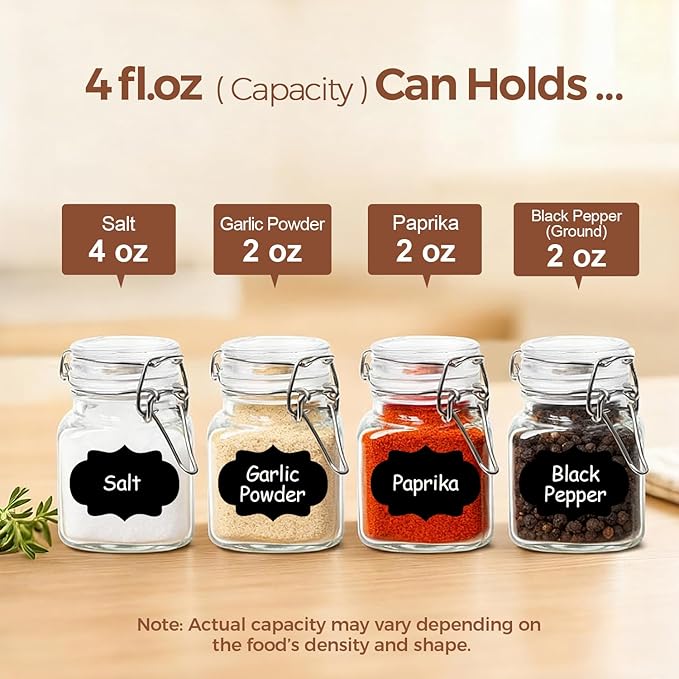 ComSaf 4 oz Glass Jars with Lid, Set of 6 Mini Airtight Glass Jars, Spice Jars, Small Mason Jar, Canning Jar Square with Seal Wire Clip Fastening, Labels & Funnels for Jam, Honey, Kitchen, Wedding