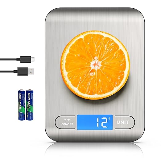 AZC Rechargeable Food Scale,33 lb Kitchen Scale, Digital Weight Grams and Ounces, 6 Units with Tare Function,8.2 x 6 x 0.7 inches