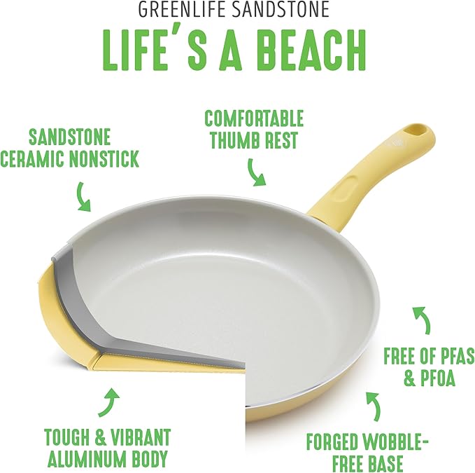 GreenLife Soft Grip Healthy Ceramic Nonstick 15 Piece Kitchen Cookware Pots and Frying Sauce Saute Pans Set, PFAS-Free with Kitchen Utensils and Lid, Dishwasher Safe, Yellow