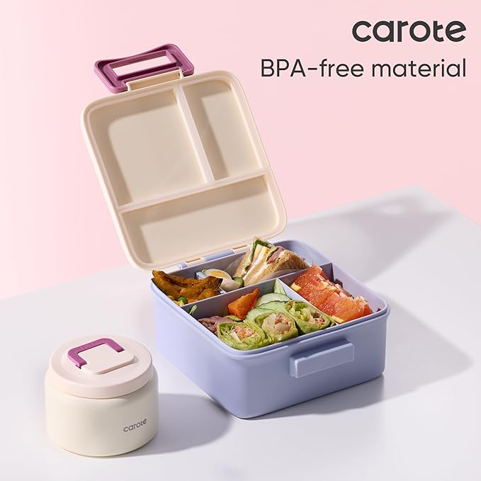 CAROTE Bento Box for Kids, Lunch Box Kids with 8oz Thermos for Hot Food, Lunch Container for Girls Boys, 3 or 5 Compartments with 2 Removable Dividers, BPA Free/Leak Proof/Dishwasher Safe