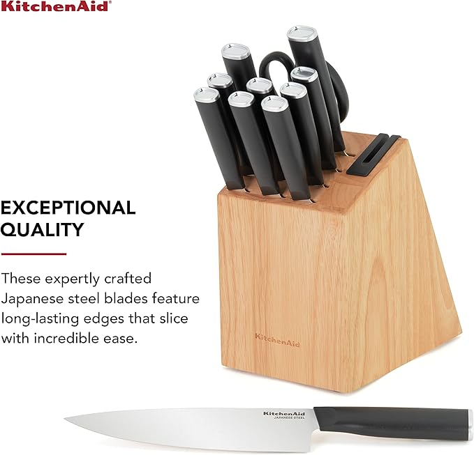 KitchenAid Classic 12 Piece Knife Block Set with Built in Knife Sharpener, High Carbon Japanese Stainless Steel Kitchen Knives, Sharp Kitchen Knife Set with Block, Rubberwood