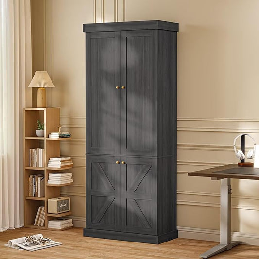 70.8" Tall Bookshelf with Doors, Farmhouse Modular Bookcase with 4-Tier Adjustable Shelves, Large Storage Cabinet for Home Office, Living Room, Black