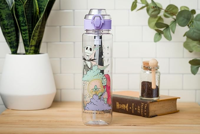 Silver Buffalo Disney Tim Burton's Nightmare Before Christmas Mystic Opulence Hydration Tracker Schedule Plastic Water Bottle With Locking Lid, Strap, and Straw, 33 Ounces