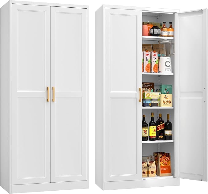 71" Tall Metal Storage Cabinet, Kitchen Pantry Storage Cabinets with Doors and 4 Shelves, White Pantry Cabinet, Utility Kitchen Cupboard, Large Steel Cabinets for Dining, Office, Living Room