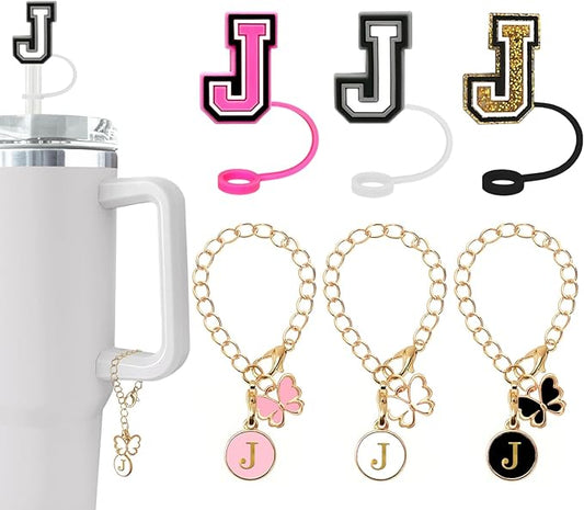 （3 +3) Nuozme Straw Cover Compatible with Stanley Tumbler Cup 3PCS Letter Straw Caps Toppers with 3 Initial Butterfly Charms Name ID For Stanley 30&40 Oz Cup