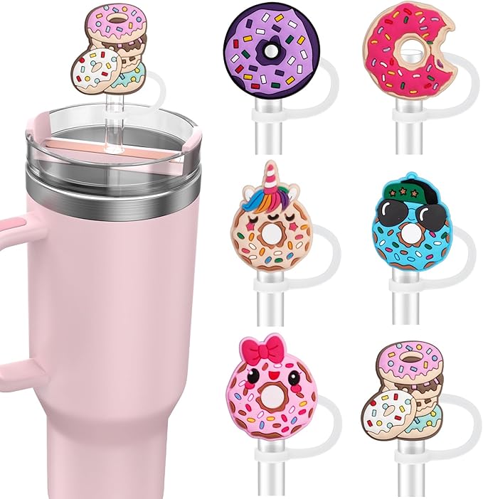 6PCS Straw Covers for Stanley Cup Tumbler 30 oz / 40 oz Leak Proof Straw Toppers 10mm Silicone Cute Caps for Stanley Cup Accessories-Donut