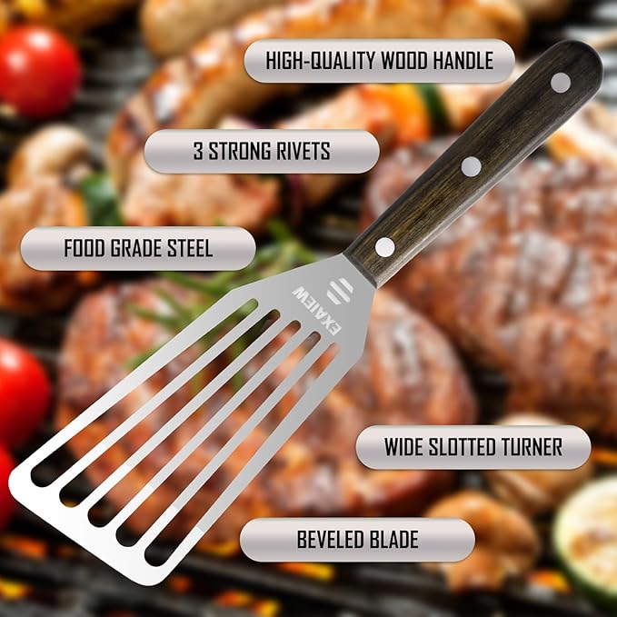 2 Pack Fish Spatula Stainless Steel，Flexible Metal Spatula Perfect for Flipping Eggs, Burgers and Baking, Durable Lightweight Kitchen Slotted Turner for Cooking & BBQ [Wooden Handle]