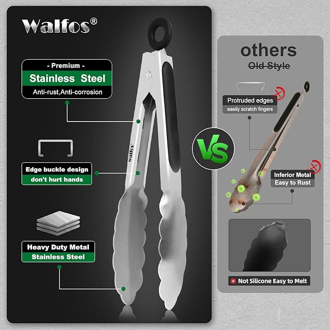 Walfos 7 inch Small Kitchen Tongs for Cooking, Mini Silicone Serving Tongs, Great for Cooking, Salad, Grilling, Pasta, Steaks, Vegetables