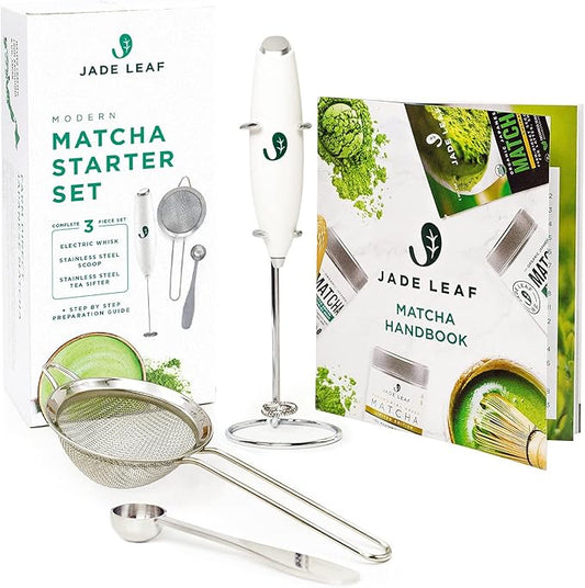 Jade Leaf Matcha - Modern Starter Gift Set Includes: Electric Matcha Whisk + Milk Frother, Stainless Steel Spoon, Stainless Steel Sifter, and Printed Handbook