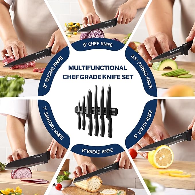 Kitchen Knife Set with No Drilling Magnetic Strip for Kitchen Black Titanium Small Cooking Knives, Sharp Stainless Steel Chef Knife Set for Cutting Meat & Vegetable