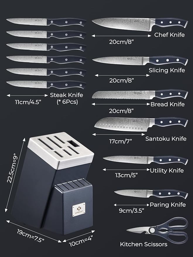Knife Set, AMEGAT Knife Block Set with Advanced Self-Sharpening Technology, 14-Piece Waved Texture Kitchen Knives, Stainless Steel Knife Set with Block, Razor-Sharp and Full Tang Handle