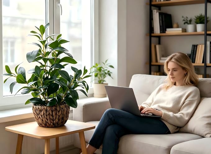AlphaAcc 18.8 Inch Artificial Ficus Plant Indoor Faux Greenery Potted in Rattan - Image 8