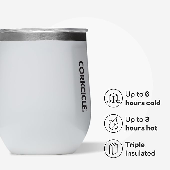 Corkcicle Stemless Wine Tumbler - Keeps Drinks Cold for 6 Hours - Triple-Insulated Stainless Steel - Non-Slip Base - Summer Drinkware Gift - Keeps Drinks Ice Cold - 12 oz - Gloss White