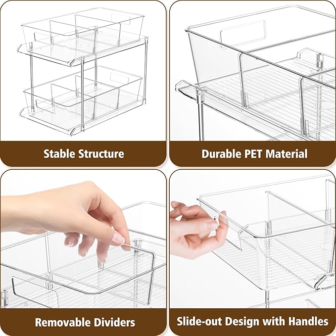 Pull-Out Home Organizer, 2 Pack 2 Tier Clear Bathroom Organizer with Dividers, Multipurpose Vanity Counter Tray, Kitchen, Closet Organizers, Cabinet & Storage Container Bins