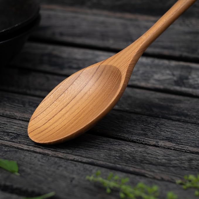 FAAY 12 Inches Teak Flat Spoon, Wooden Spoons for Cooking, Handcrafted Utensil Tools from High Moist Resistance Golden Teak Wood | Durable, Healthy for Non Stick Cookware