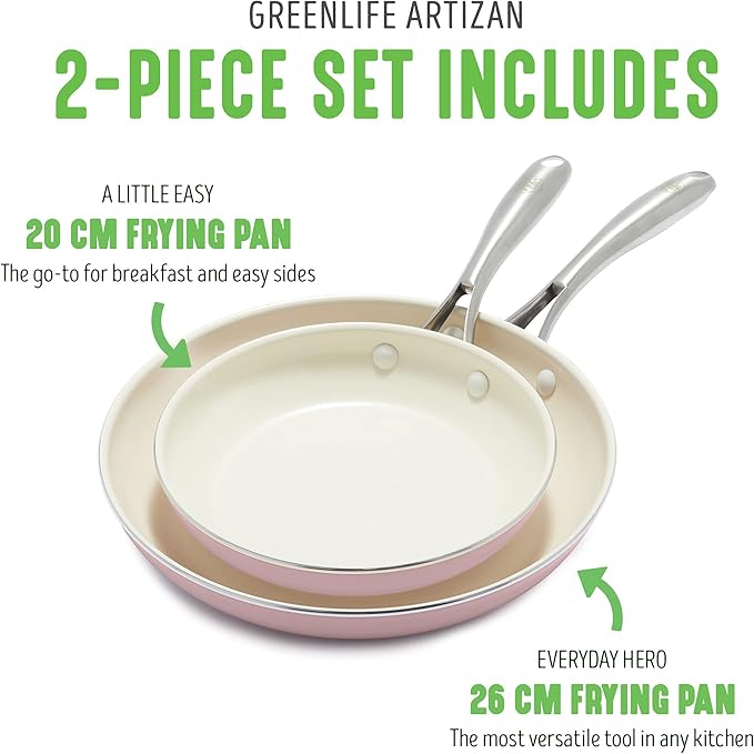 GreenLife Artisan Healthy Ceramic Nonstick, 8" and 10" Frying Pan Skillet Set, Stainless Steel Handle, Induction, PFAS-Free, Dishwasher Safe, Oven Safe, Pink