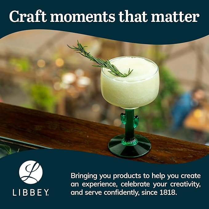 Libbey Cactus Margarita Glasses Set of 4, Durable Green Stemmed Cocktail Glasses, Lead-Free Cactus Glassware, Unique Plant Themed Frozen Margarita Glasses, 16-Ounce