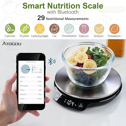 Smart Nutritional Scale, 0.005oz / 0.1g High Precision, Free APP with Nutrients Tracking, Calorie, Marco, Ounces and Grams, for Kitchen, Weight Loss, Meal Prep, etc. Black & Grey