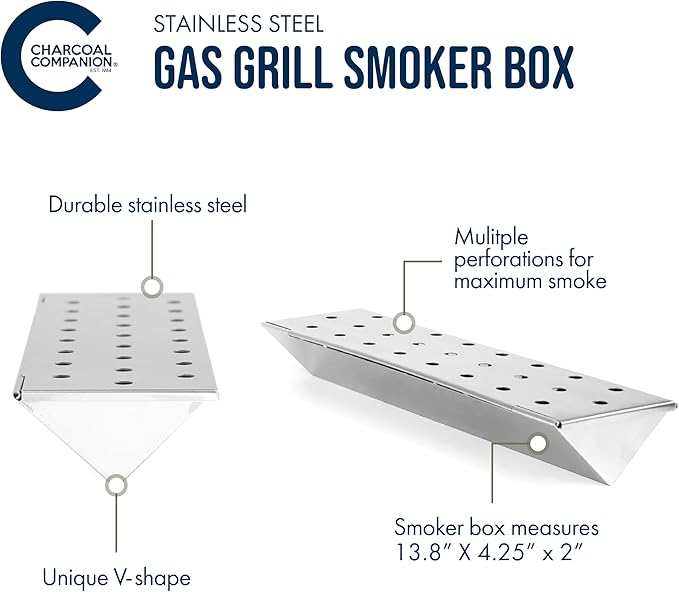Charcoal Companion V-Shaped Heavy Duty Stainless Steel Smoker Box for Gas & Charcoal Grills - Nonstick BBQ Smoker Box with Lid for Wood Chips, Pellets, Chunks - Ideal for Smoking Meat & Fish (Silver)