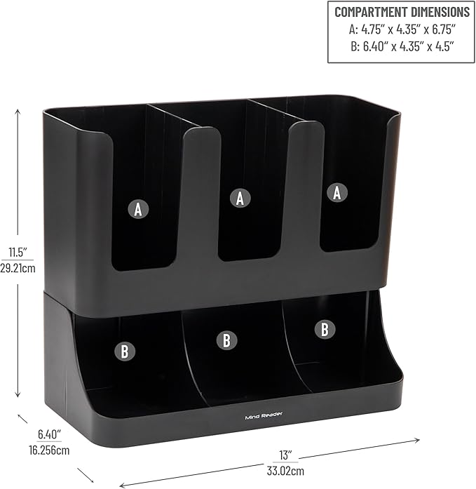 Mind Reader 6 Compartment Upright Breakroom Coffee Condiment and Cup Storage Organizer, Black