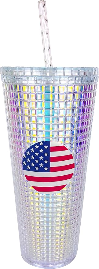 Spoontiques - Diamond Tumbler - Textured Cup with Straw - Double Wall Insulated and BPA Free - 20 oz - Americana Diamond Cup