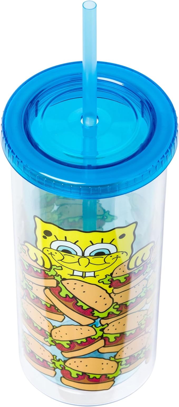 Silver Buffalo Spongebob Squarepants Smiling Krabby Patties Plastic Tall Cold Cup With Lid and Straw, 20 Ounces