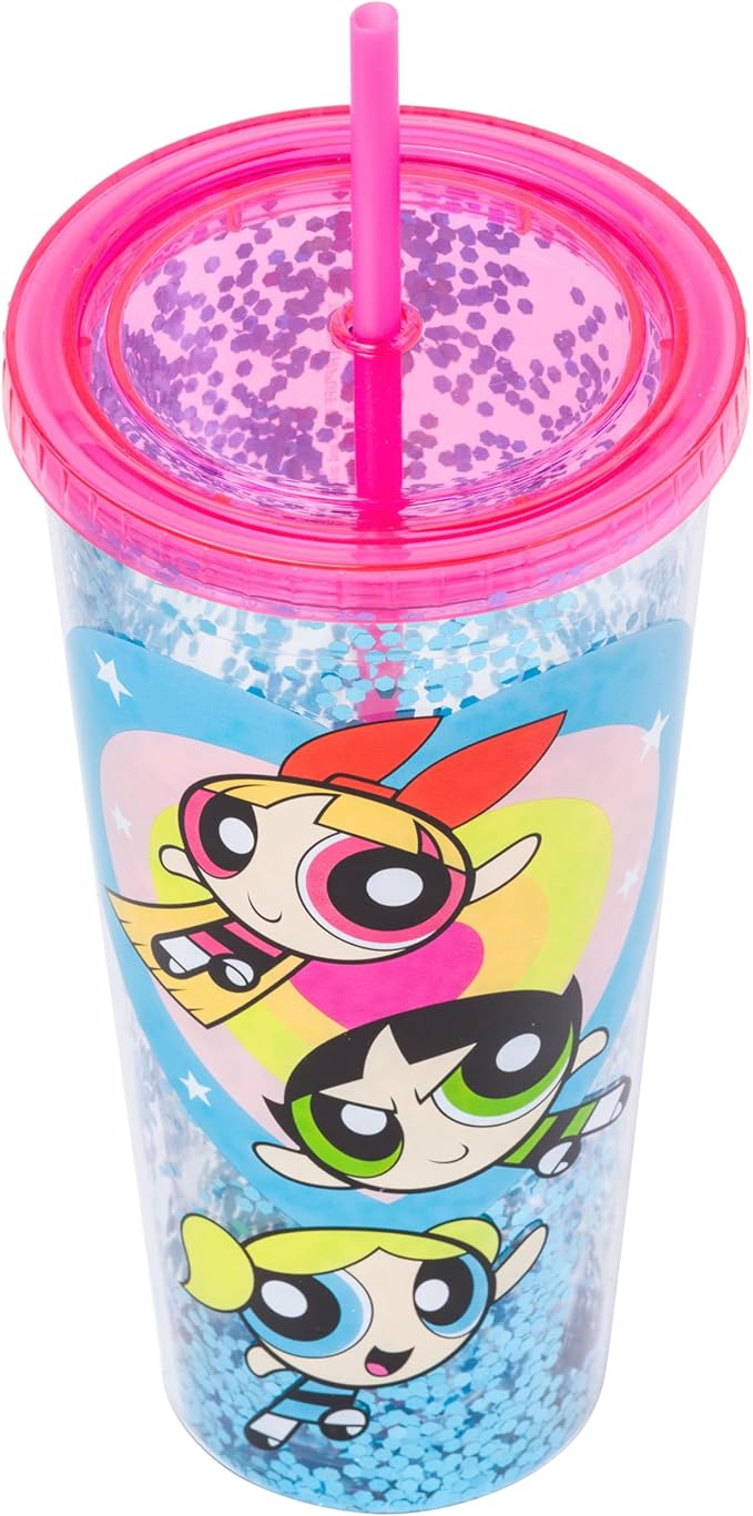 Silver Buffalo The Powerpuff Girls Featuring Blossom, Bubbles, and Buttercup Plastic Confetti Cold Cup with Lid and Straw, 32 Ounces