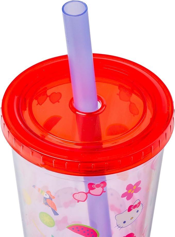 Silver Buffalo Sanrio Hello Kitty Tropical Summer Plastic Boba Tumbler with Lid and Wide Straw, 24 Ounces