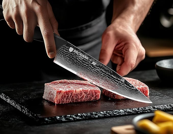 BRODARK Knife Set, Damascus Kitchen Knife Set with Block, 9 Pieces Sharp Professional Japanese Chef Knives with Ergonomic Full-Tang ABS Handle for Home, Restaurant -Christmas Gift, Dark Horse Series