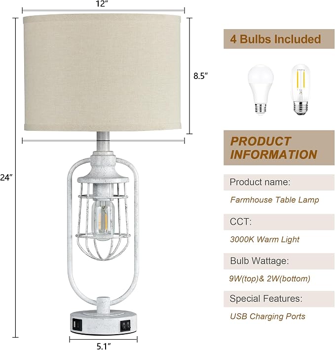 Farmhouse Table Lamps for Living Room Set of 2, Lamps for Night Stands Set of 2 - Image 6