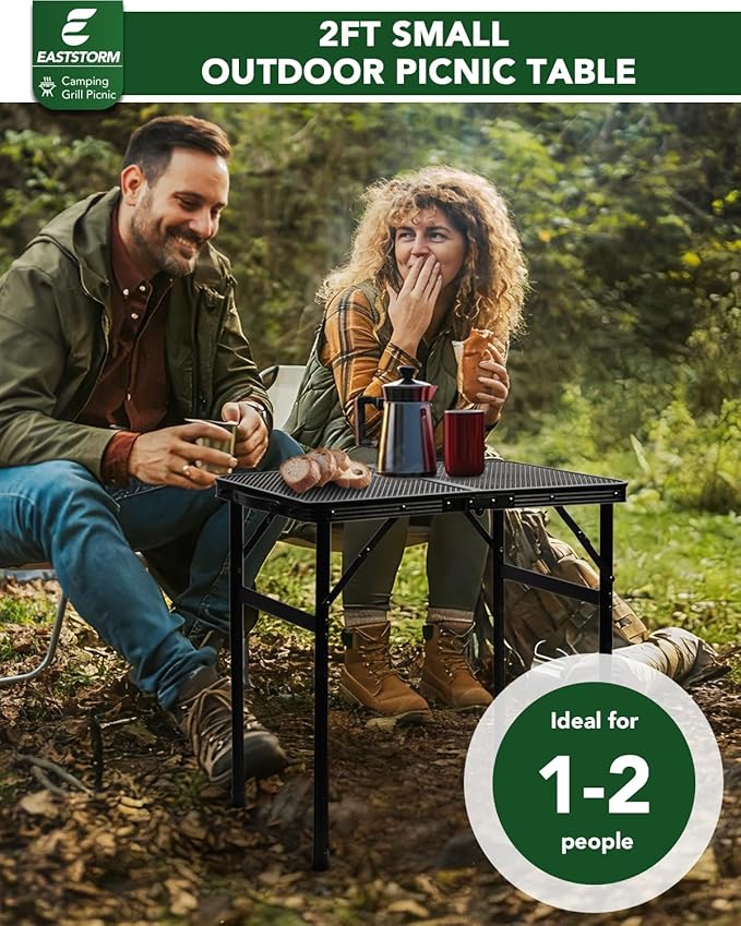 2Ft Small Folding Table with Carry Handle, Adjustable Height 10.6–22 in, Black Metal Mesh, Portable & Compact Indoor/Apartment/Card/Side/Grill Table, 23.6×15.8 in, 4 lb, 66 lb Capacity